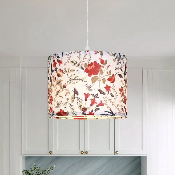 Cinkeda Plug in Pendant Light Dimmable Floral Hanging Lamp with Drum Shade for Kitchen Island Bedroom Living Room (Bulb Included)