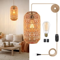 Cinkeda Plug in Pendant Light Dimmable Rattan Hanging Lamp for Kitchen Island Living Room Bedroom,LED Bulb Included