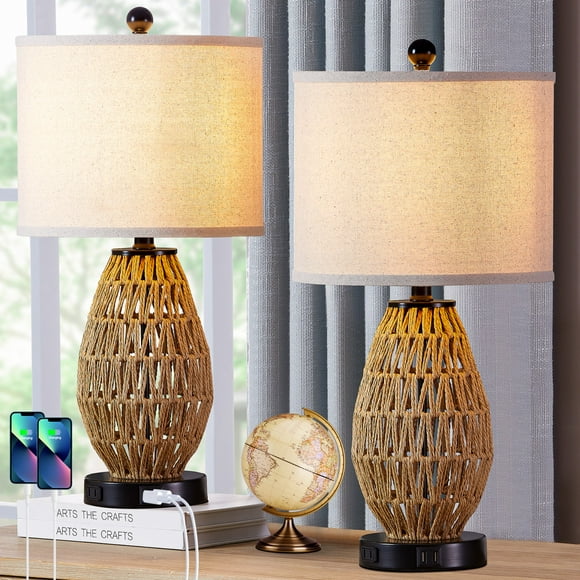 Cinkeda Rattan Table Lamps Set of 2 with USB Ports AC Outlet Bohemian 3 Way Dimmable Touch Control Nightstand Lamp for Living Room Bedroom(2 Bulb)