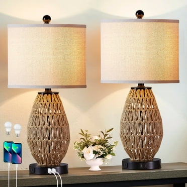 Cinkeda Rattan Touch Table Lamps with USB Ports AC Outlet Modern 3 Way Dimmable Bedside Nightstand Lamp Set of 2 for Living Room Bedroom
