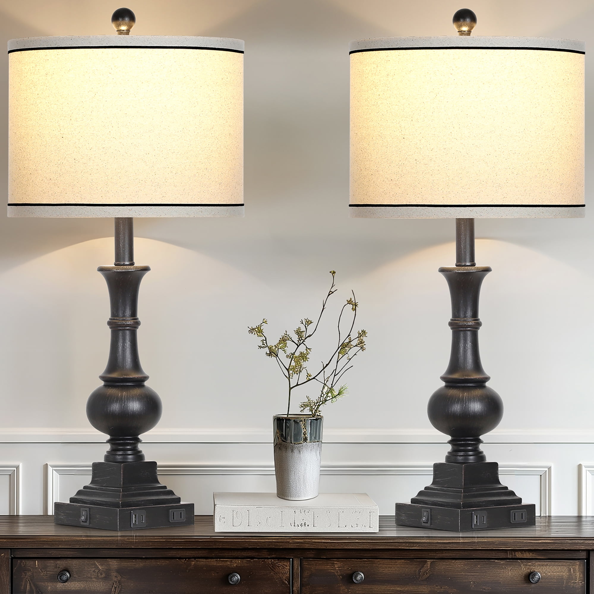 25" Farmhouse Jar Table Lamp With USB C+A Ports & AC Outlet - Dimmable Touch Bedside Lamp For Bedroom, Living Room (Cream, LED Bulb Included)