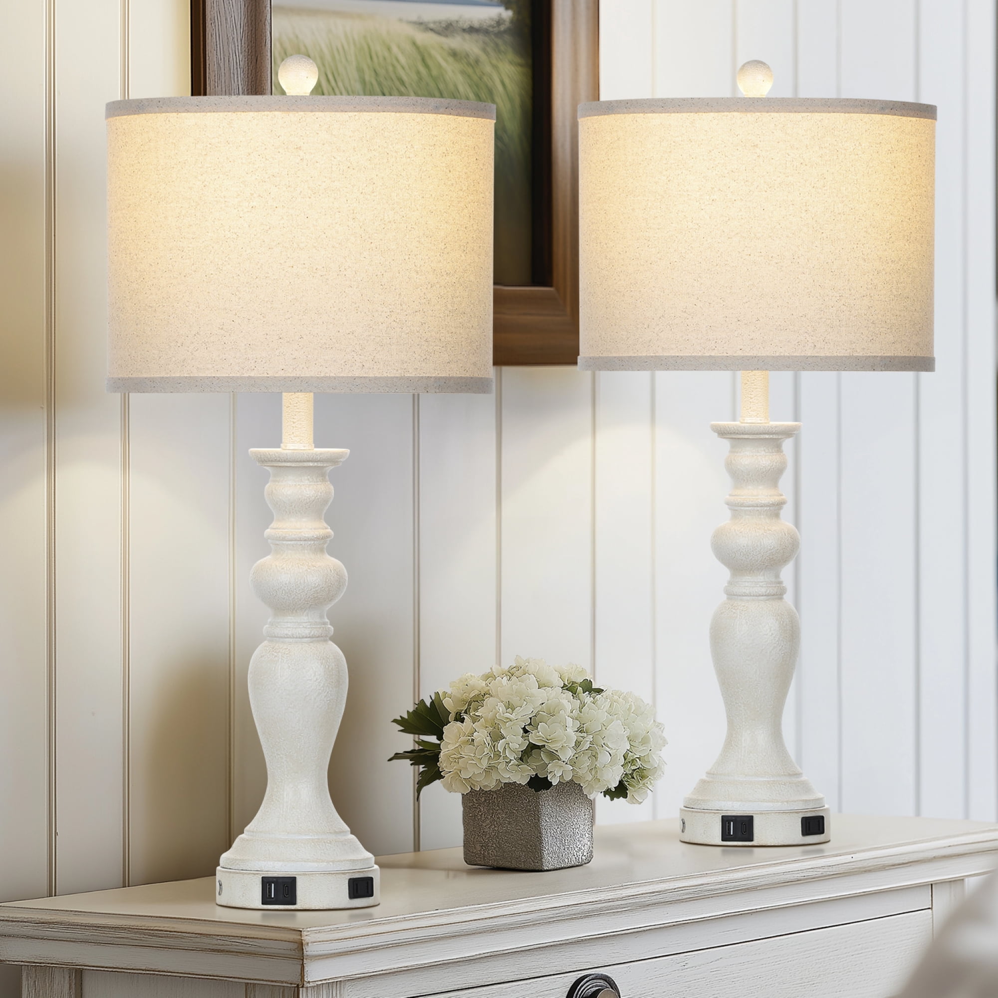Cinkeda Rustic Table Lamps Set of 2 for Bedroom Living Room Farmhouse 3 Way Dimmable Touch Control Bedside Nightstand Lamp with USB C+A Ports AC Outlet Tall 27.5" Resin