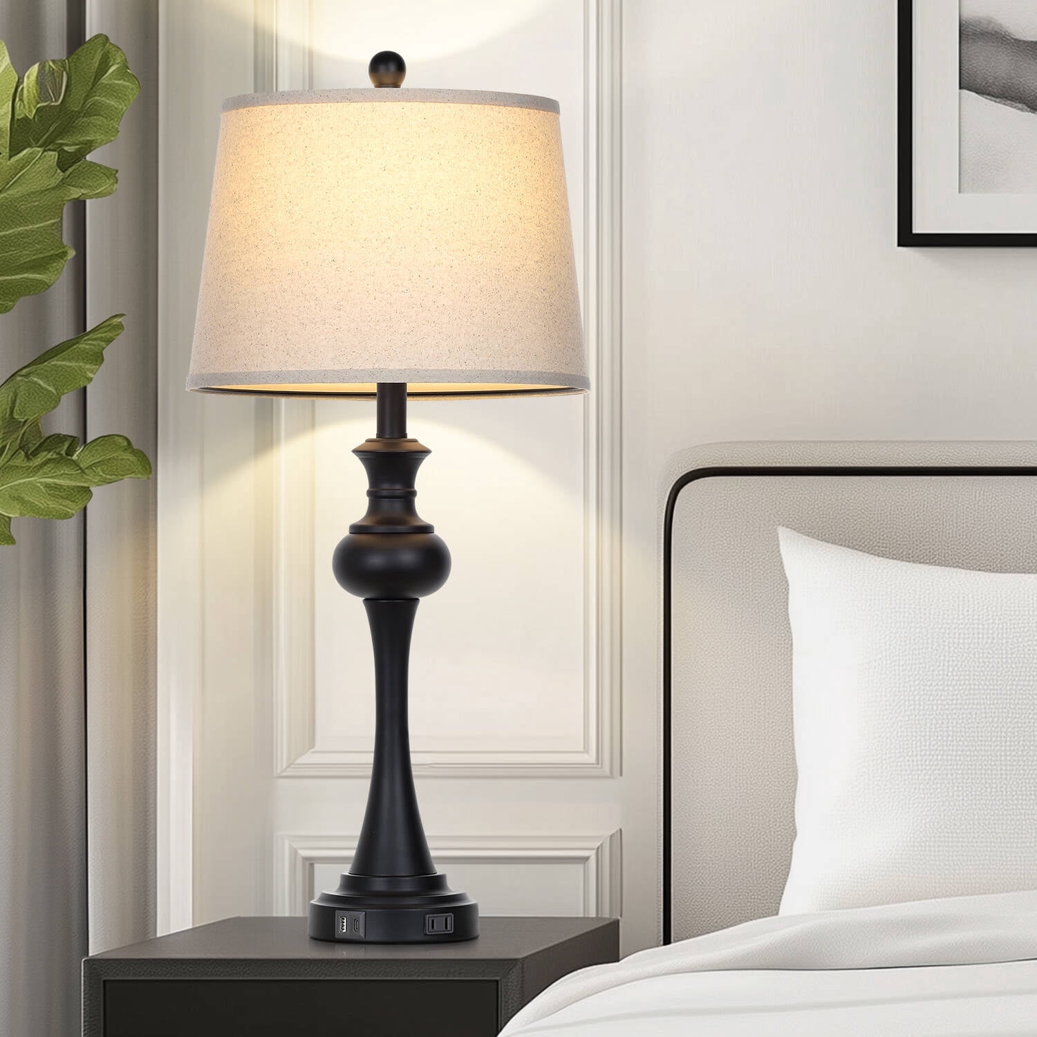 Cinkeda Single Table Lamp for Bedroom Living Room 28.75" Industrial Black 3 Way Dimmable Touch Control Nightstand Bedside Lamp with USB C+A Ports AC Outlet