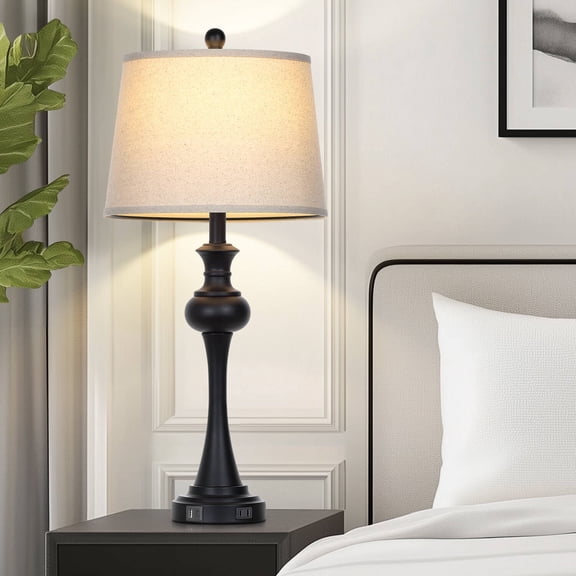 Cinkeda Single Table Lamp for Bedroom Living Room 28.75" Industrial Black 3 Way Dimmable Touch Control Nightstand Bedside Lamp with USB C+A Ports AC Outlet