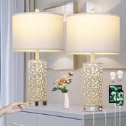 Cinkeda 24.5" White Tiffany-Style Table Lamp Set of 2, 3-Level Dimming Night Light Bedside Lamps with Dual USB Ports for Living Room Bedroom