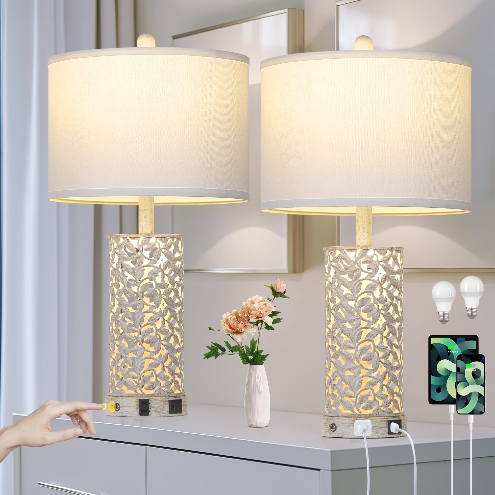 White Floral Carved Table Lamp Set with USB Ports and Touch Control
