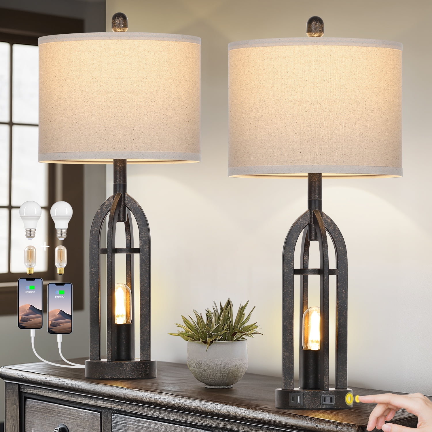Cinkeda Table Lamps for Living Room Bedroom Set of 2 with USB A+C Ports AC Outlet Nightlight Industrial Gold 3 Way Dimmable Touch Control Bedside Nightstand Lamp