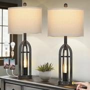 Cinkeda Table Lamps for Living Room Bedroom Set of 2 with USB A+C Ports AC Outlet Nightlight Industrial Gold 3 Way Dimmable Touch Control Bedside Nightstand Lamp