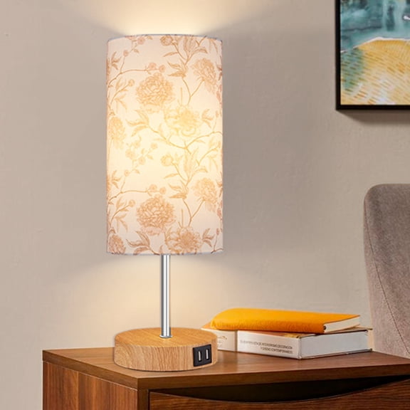 Cinkeda Touch Control Single Small Table Lamp with Dual USB Ports 15" Floral Print 3-Way Dimmable Bedside Nightstand Lamp for Bedroom Living Room (1 Bulb)