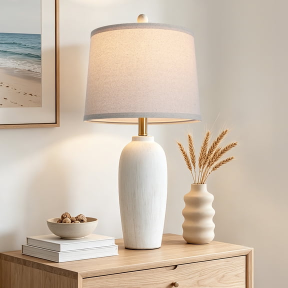 Cinkeda 26" Vintage White Ceramic Table Lamp, Olive-Shaped Retro Bedside Lamp for Bedroom Nightstand Living Room, LED Bulb Included