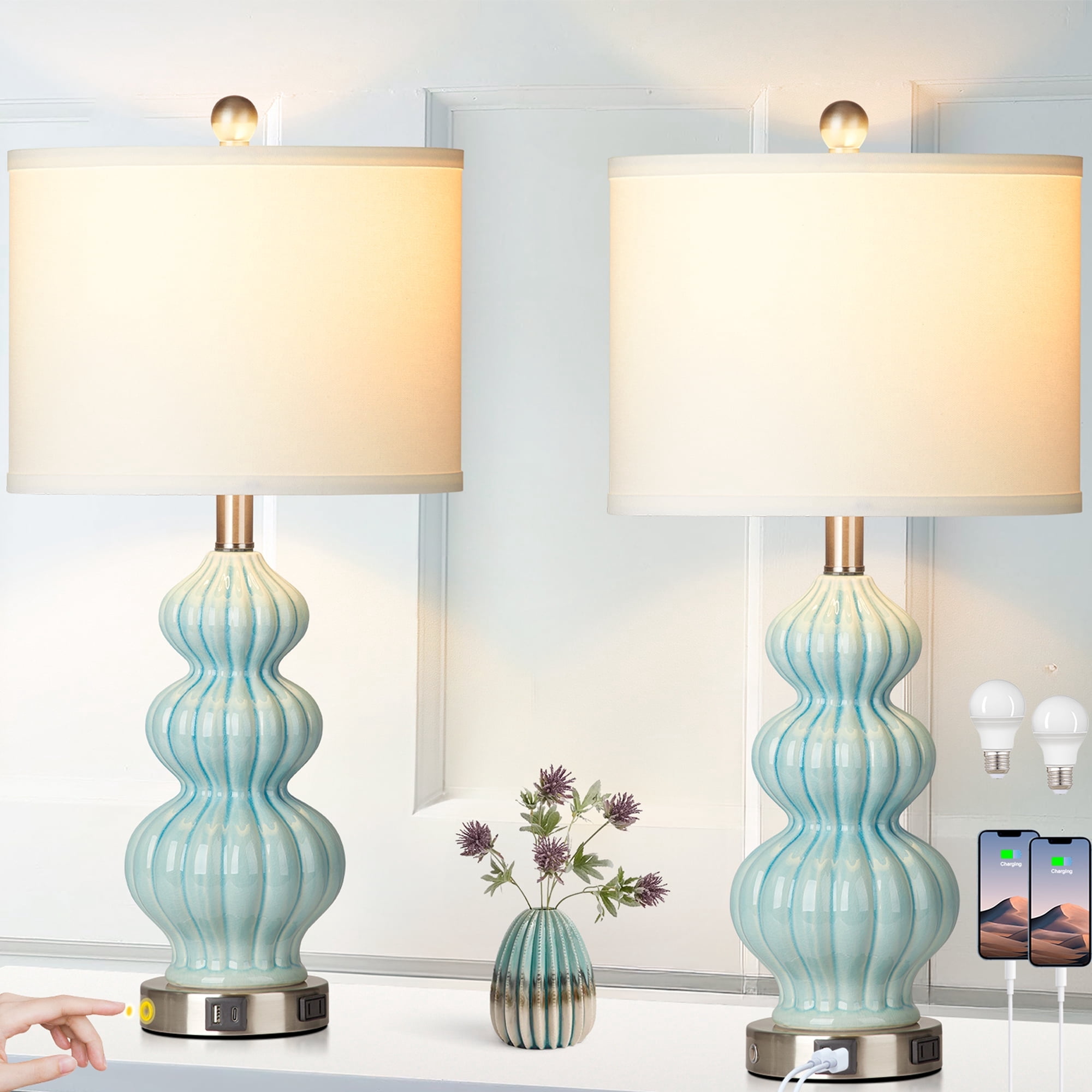 Cinkeda Triple Gourd Ceramic Table Lamp Set of 2 with USB A+C Ports AC Outlet for Bedroom Living Room Modern Blue 3 Way Dimmable Touch Control Bedside Nightstand Lamps
