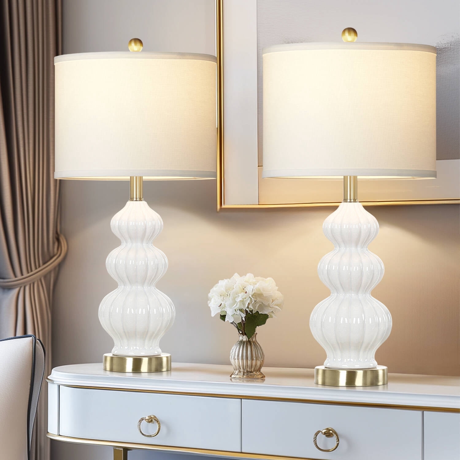 Cinkeda Triple Gourd Ceramic Table Lamps Set of 2 with USB A+C Ports AC Outlet for Bedroom Living Room Modern 3 Way Rotary Switch Control White Bedside Nightstand Lamp