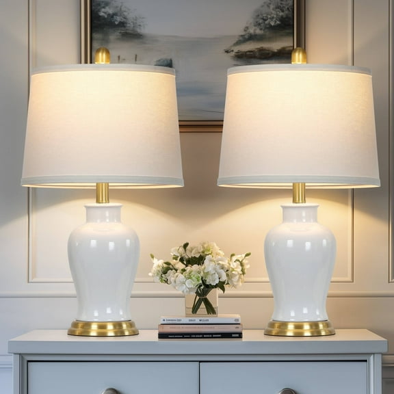 Cinkeda White Ceramic Table Lamps Set of 2 for Living Room Bedroom 23" Tall Modern Ginger Jar Design Nightstand Bedside Lamps