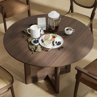 Cinna 46" Soild Wood Dining Table Rattan Round Kitchen Table, Walnut