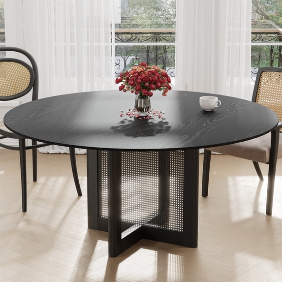 Cinna 60" Soild Wood Dining Table Rattan Round Kitchen Table, Black
