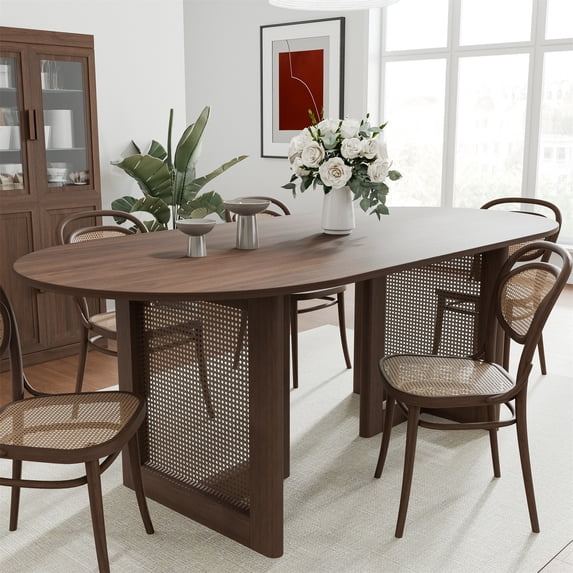 Cinna 67"x33.5" Soild Wood Dining Table Rattan Oval Kitchen Table, Walnut