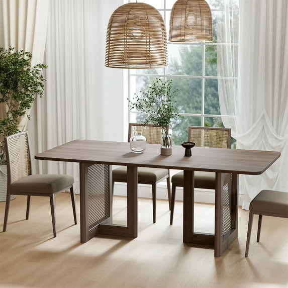 Cinna 67"x33.5" Soild Wood Dining Table Rattan Rectangle Kitchen Table, Walnut