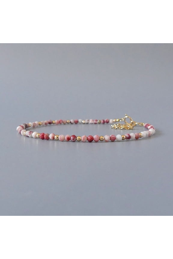 Cinnabar In Quartz 2.5mm Round Shape Faceted Cut Beads 7 inch Adjustable Gold Plated Clasp Bracelet for men, women, unisex. Link Chain Stacking Bracelet.|LINK_02086