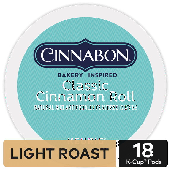 Cinnabon Classic Cinnamon Roll Flavored K-Cup Coffee Pods, Light Roast, 18 Count for Keurig Brewers