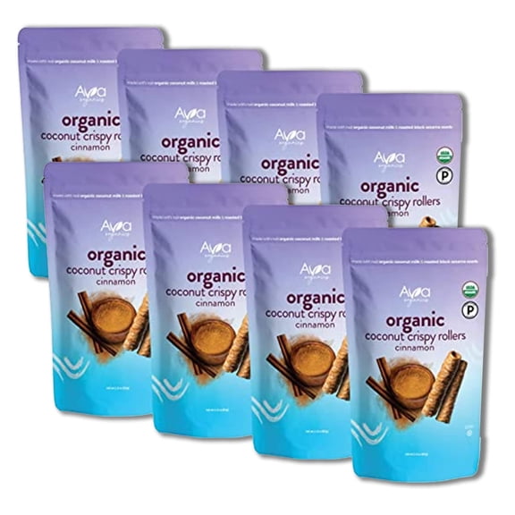 Cinnamon Coconut Crispy Rollers (2.8 oz bags) Ava Organics - Gluten Free, Non-GMO, Kosher, Vegetarian & Certified Paleo Lightly Sweetened Baked Coconut Crisps (Pack of 8)