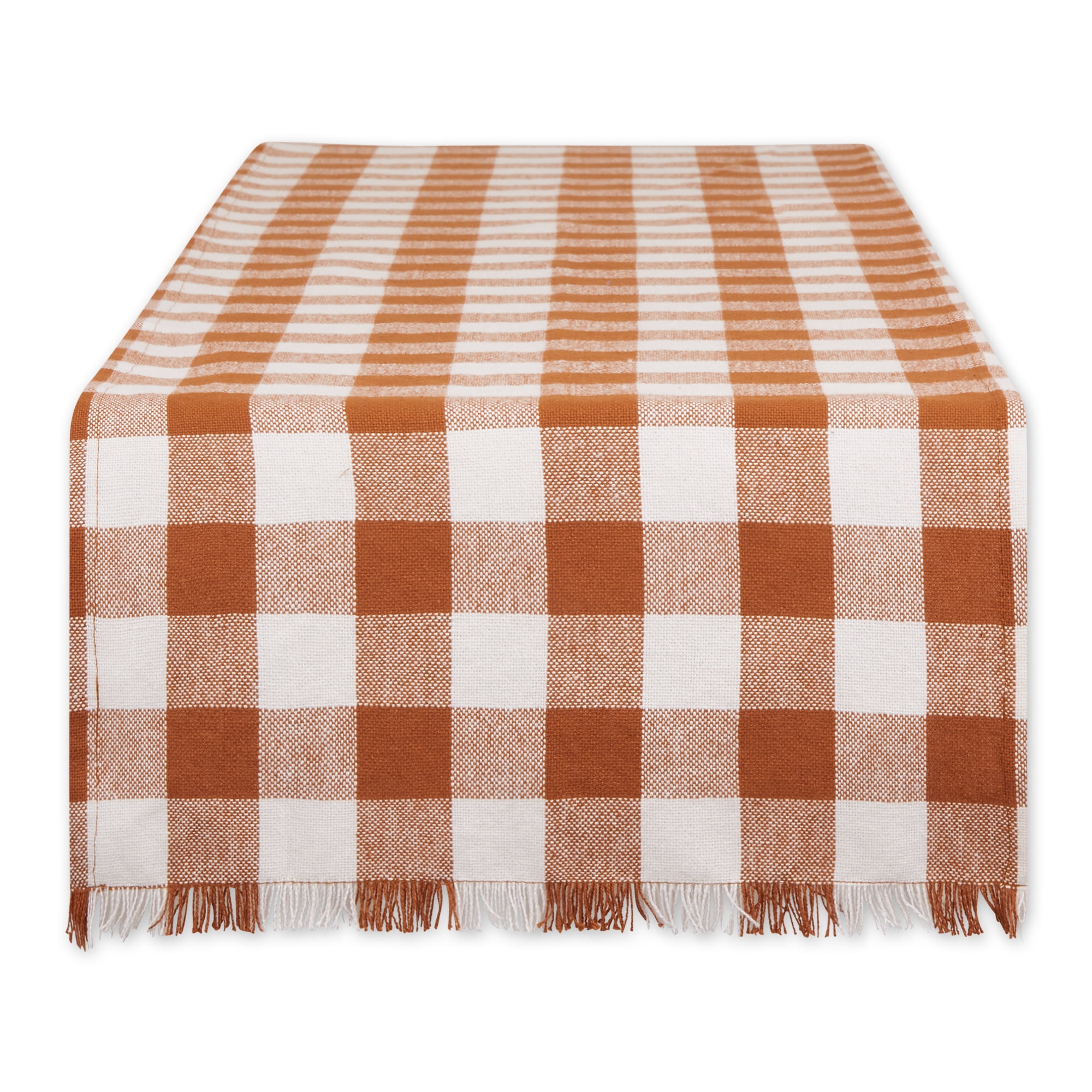 Cinnamon and White Cotton Checkered Table Runner with Fringes