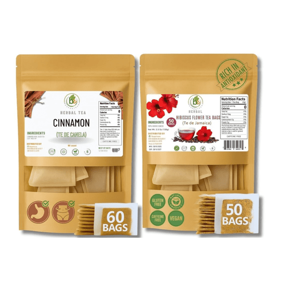 Cinnamon & Hibiscus(Canela + Jamaica)Herbal Tea Combo 60 + 50 Tea Bags 100% Natural, Vegan, Non-GMO, Caffeine-Free Tart, Warming & Refreshing Infusions Hot or Iced Tea Authentic Herbal Blen