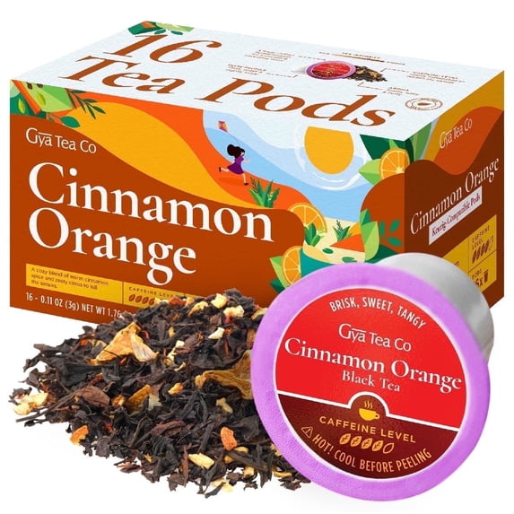 Gya Tea Co Cinnamon Orange Spice Black Tea Pods for Keurig (16 Ct) - Highly Caffeinated Smooth Black Tea K Cups, Light and Fresh Flavor Refresher Tea Pods