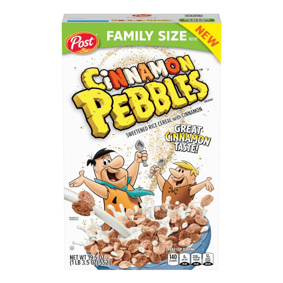Cinnamon PEBBLES Breakfast Cereal for Kids, Gluten Free, Made with Sweetened Puffed Rice, Family Size, 19.5 oz