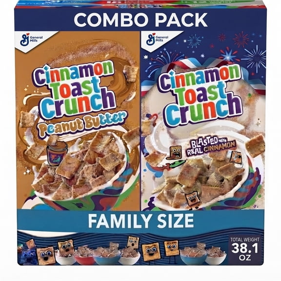 Cinnamon Toast Crunch & Cinnamon Toast Crunch Peanut Butter Breakfast Cereal, Family Size, Combo Pack, Total Weight 38.1 oz