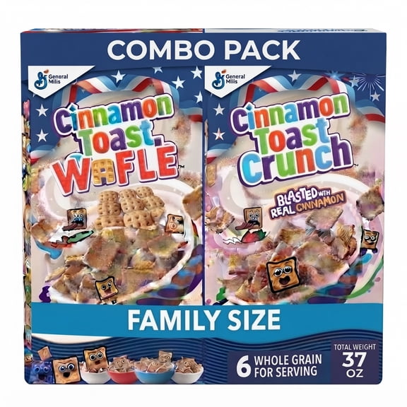 Cinnamon Toast Crunch & Cinnamon Toast Crunch Waffle Breakfast Cereal, Family Size, Combo Pack, Total Weight 37 oz