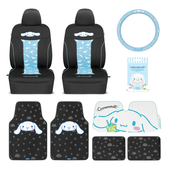 Cinnamoroll Car Seat Covers, Car Floor Mats, Steering Wheel Cover, Windshield Sun Shade for Car Gift Pack 9pc Combo