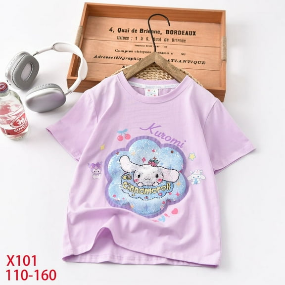 Cinnamoroll Sanrios Kids Short Sleeved Melody Kuromi Cartoon Anime T-Shirt Summer Tops Breathable Youngsters Sequin Short Sleeve