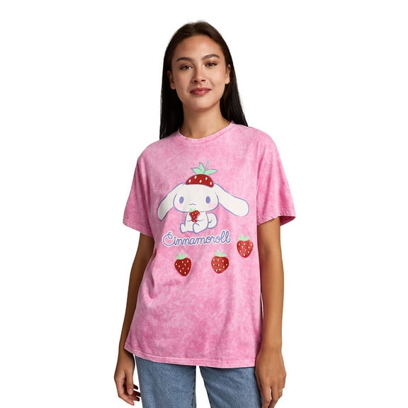 Cinnamoroll Strawberries Women's Pink Mineral Wash Crew Neck Short Sleeve T-shirt-Large