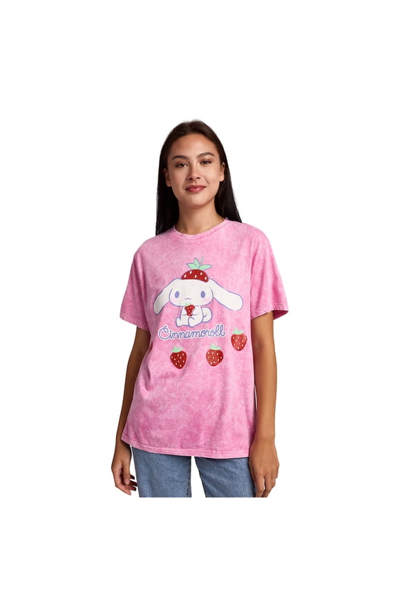 Cinnamoroll Strawberries Women's Pink Mineral Wash Crew Neck Short Sleeve T-shirt-Medium