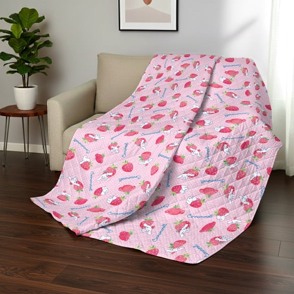 Cinnamoroll Strawberry Polkadot Quilted Throw Blanket 60x80 inches, Kids Character Bedding