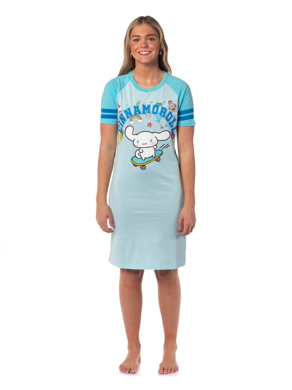 Cinnamoroll Women's Character Logo Icon Design Varsity Stripe Pajama Sleep Shirt Nightgown