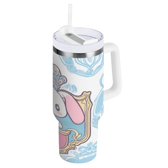 Cinnamoroll with Crown and Shield. Tumbler with Handle and Straw Lid 30 oz Insulated Vacuum Water Bottle Stainless Steel Travel Cup