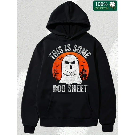 Cinolinkintera Men's Cotton Hoodie This Is Some Boo Sheet Men's Halloween Shirts Skull Graphic Hoodie, Halloween Pumpkins Print Casual Relaxed Soft Knit Pullover Hoodie Sweatshirt