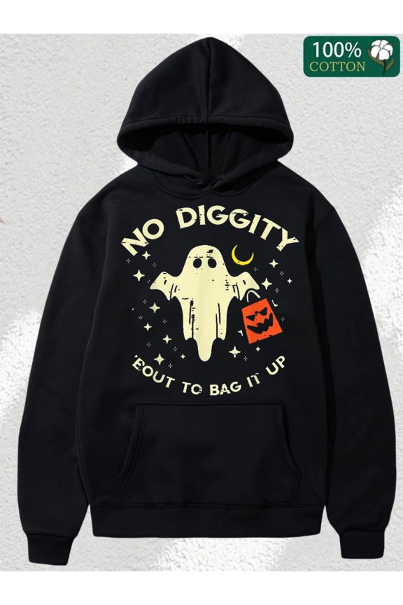 Men's Cotton Hoodie No Diggity Bout To Bag It Up Cute Ghost Halloween Candy Hoodies-Man's Halloween Hoodies, Halloween Pumpkins Print Casual Relaxed Soft Knit Pullover Hoodie Sweatshirt