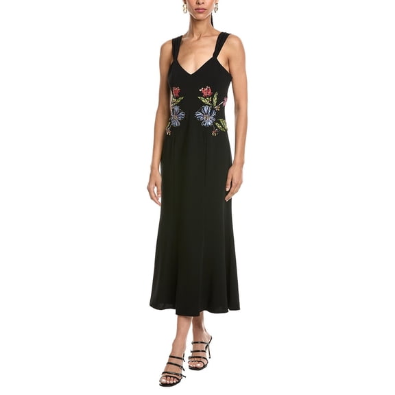 Cinq à Sept womens  Floral Mixed Media Andre Midi Dress, 4, Black