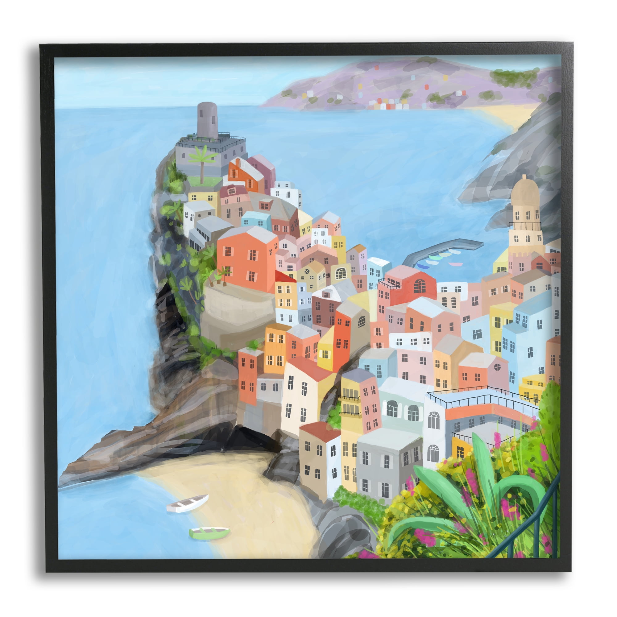 Cinque Terre Coastal City Architecture Italian Landmark Town & City Framed Art Print Wall Art, 17x17