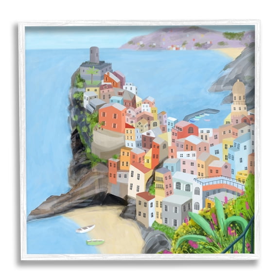 Cinque Terre Coastal City Architecture Italian Landmark Town & City Framed Art Print Wall Art, 17x17