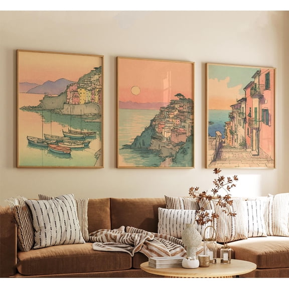 Cinque Terre Italy Poster Impressionist Coastal Art Mediterranean Village Landscape Prints Set 3