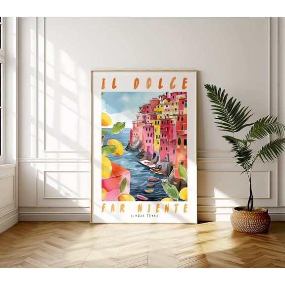 Cinque Terre Italy Poster: Riomaggiore Coastal, Stretched Canvas Size 12x18