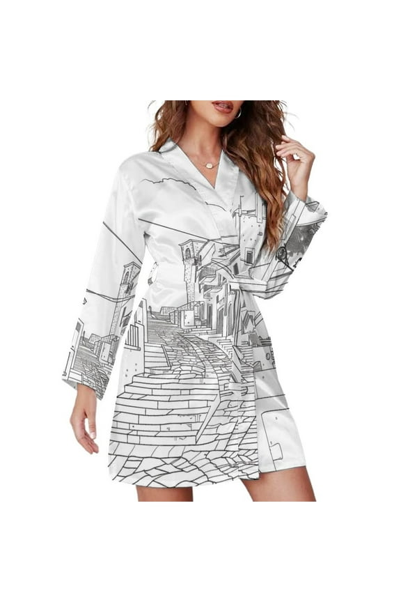 Cinque Terre Italy Town Night Robe Long Sleeve V Neck Robe With Belt Women's Sleepwear Dresses