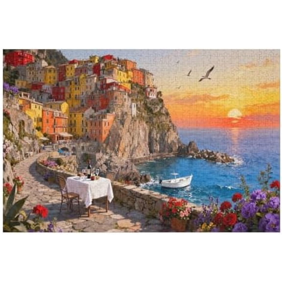 Cinque Terre Mediterranean Coastal Village 500 Piece Jigsaw Puzzle for Adults, Sunset Harbor Artwork, 20.5 x 15 IN