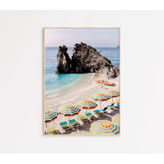 Cinque Terre Print Mediterranean Coast Travel Italy Italian Coastal Beach Umbrellas Unframed Paper Print