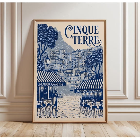 Cinque Terre Travel Coastal Village Print Blue Wall Art, Unframed Paper Print