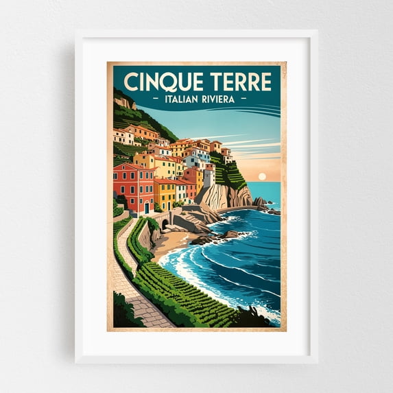 Cinque Terre Vintage Poster – Italian Riviera Art Print - Liguria Italy Illustration Travel Poster Vintage Poster Seaside Architecture Coastal Scenic White Framed Wall Art Print 5 x 7 inches
