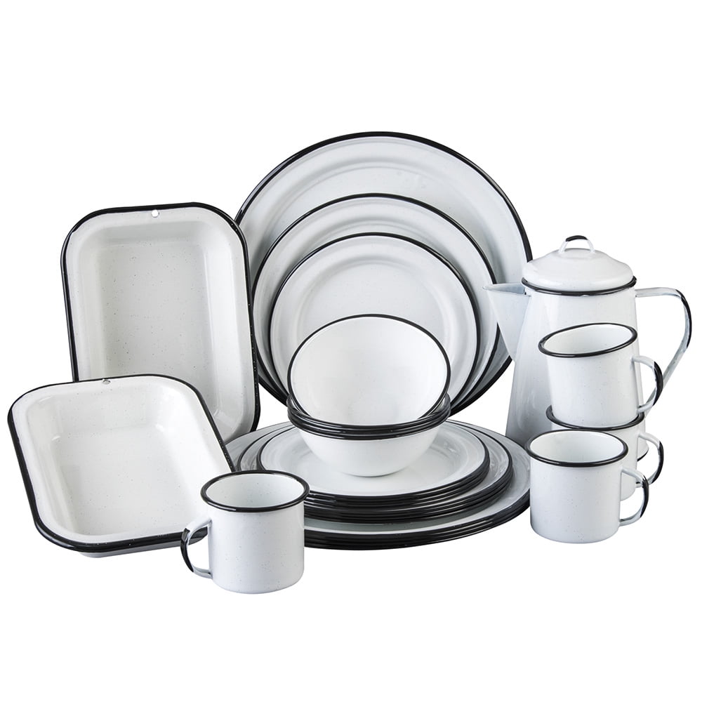 Cinsa 23 Piece Enamelware Dinnerware Set for 4. (Speckled White